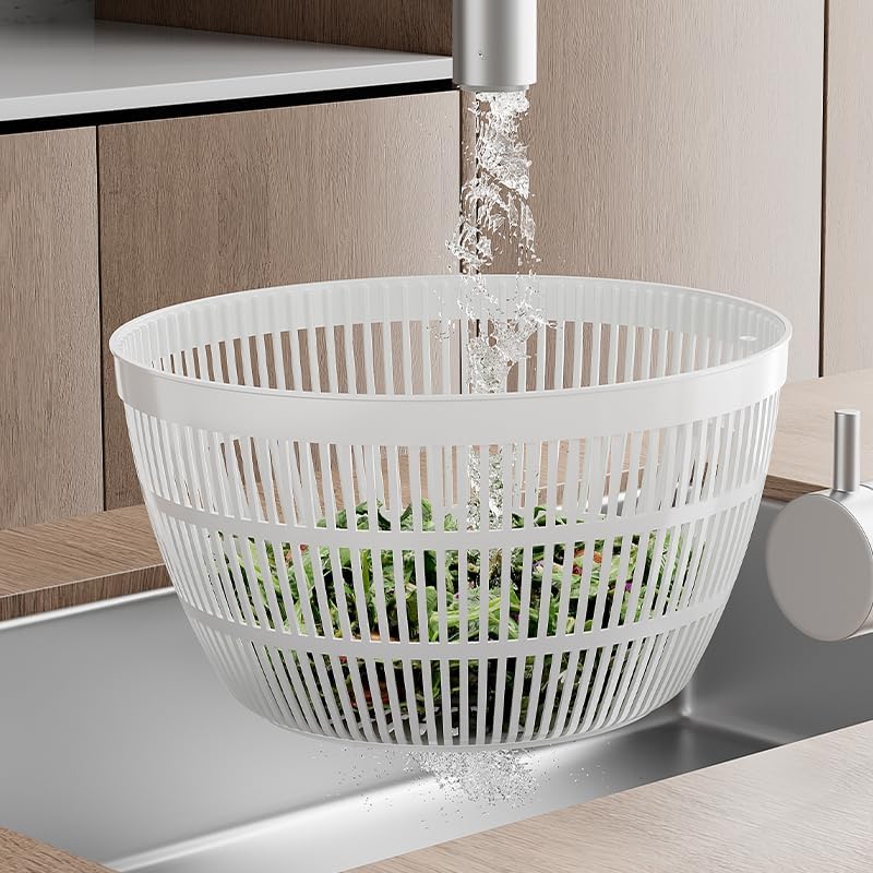 BREZINA Salad Spinner 6.3 QT with Easy Push Handle & Brake – Large Lettuce Dryer & Vegetable Washer, One-Handed Operation, BPA-Free Bowl & Colander for Salad, Fruits & Herbs – White
