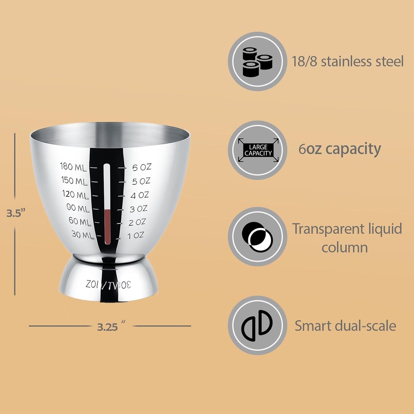 Cocktail Measuring Jigger for Bartending with Graduated Markings 1 oz to 6oz Heavy Duty 18/8 Multi-Unit Measure Stainless Steel Shot Measure Cup