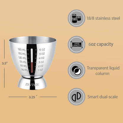 Cocktail Measuring Jigger for Bartending with Graduated Markings 1 oz to 6oz Heavy Duty 18/8 Multi-Unit Measure Stainless Steel Shot Measure Cup