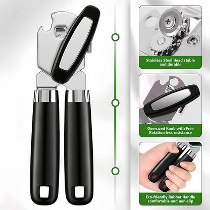 Can Opener Manual, Handheld Strong Stainless Steel Can Opener, Comfortable Handle, Sharp Blade Smooth Edge, Can Openers with Multifunctional Bottle Opener, Black