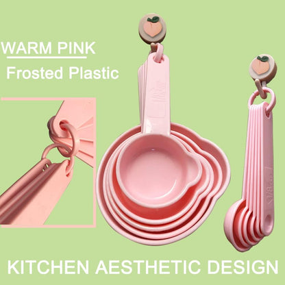 Measuring Cups and Measuring Spoons Set of 11 Pieces, Plastic, Nordic Color, Pink, Included 2 Pieces Kitchen Tool Hook Up