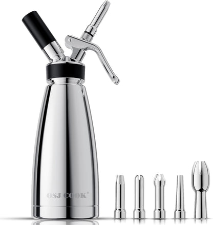Professional Aluminum Whipped Cream Dispenser - 500 mL/1 Pint,Leak-Free Whipped Cream Maker Canister with 8 Decorating Nozzles & Cleaning Brush - N2O Chargers (Not Included) (Silver, 500ml)