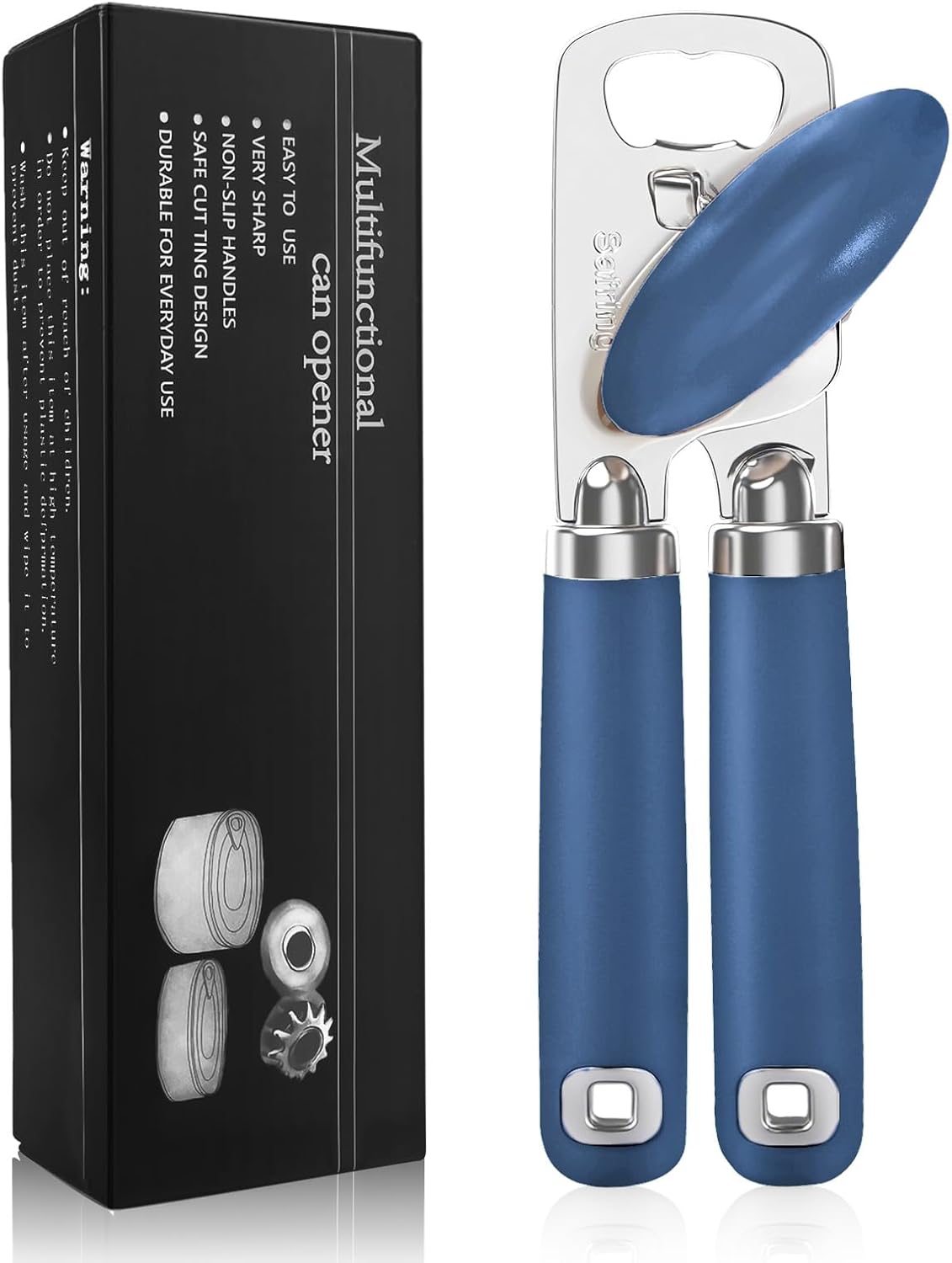 Safring Can Opener Manual, Heavy Duty Stainless Steel Smooth Edge Can Openers With Soft Touch Handle, Oversized Handheld Easy Turn Knob, Multi-Function Bottle Opener, Black
