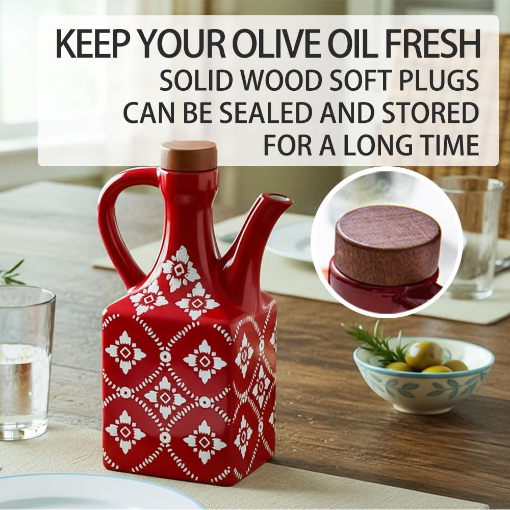 Ceramic Olive Oil Dispenser Bottle, 8.5 oz Decanter for Kitchen with Handle & Wooden Stopper, Green Decorative Oil and Vinegar Dispenser Set, Cooking Oil Container Cruet for Olive, Avocado, Vinegar