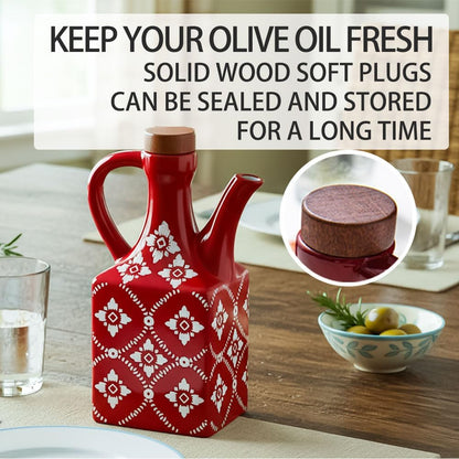 Ceramic Olive Oil Dispenser Bottle, 8.5 oz Decanter for Kitchen with Handle & Wooden Stopper, Green Decorative Oil and Vinegar Dispenser Set, Cooking Oil Container Cruet for Olive, Avocado, Vinegar