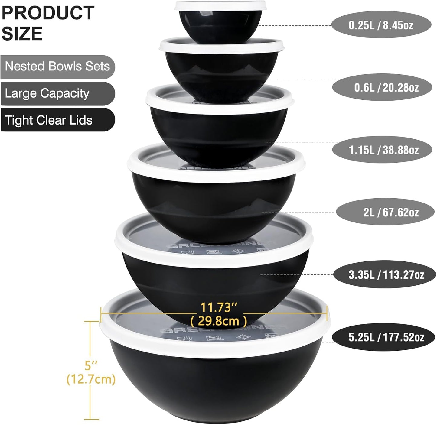 Greentainer Plastic Mixing Bowls with Lids Set for Kitchen, 6 Set Nesting Bowls for Mixing, Baking, Prepping, Cooking and Serving Food, Mixing Bowls Dishwasher, Microwave Safe