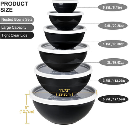 Greentainer Plastic Mixing Bowls with Lids Set for Kitchen, 6 Set Nesting Bowls for Mixing, Baking, Prepping, Cooking and Serving Food, Mixing Bowls Dishwasher, Microwave Safe
