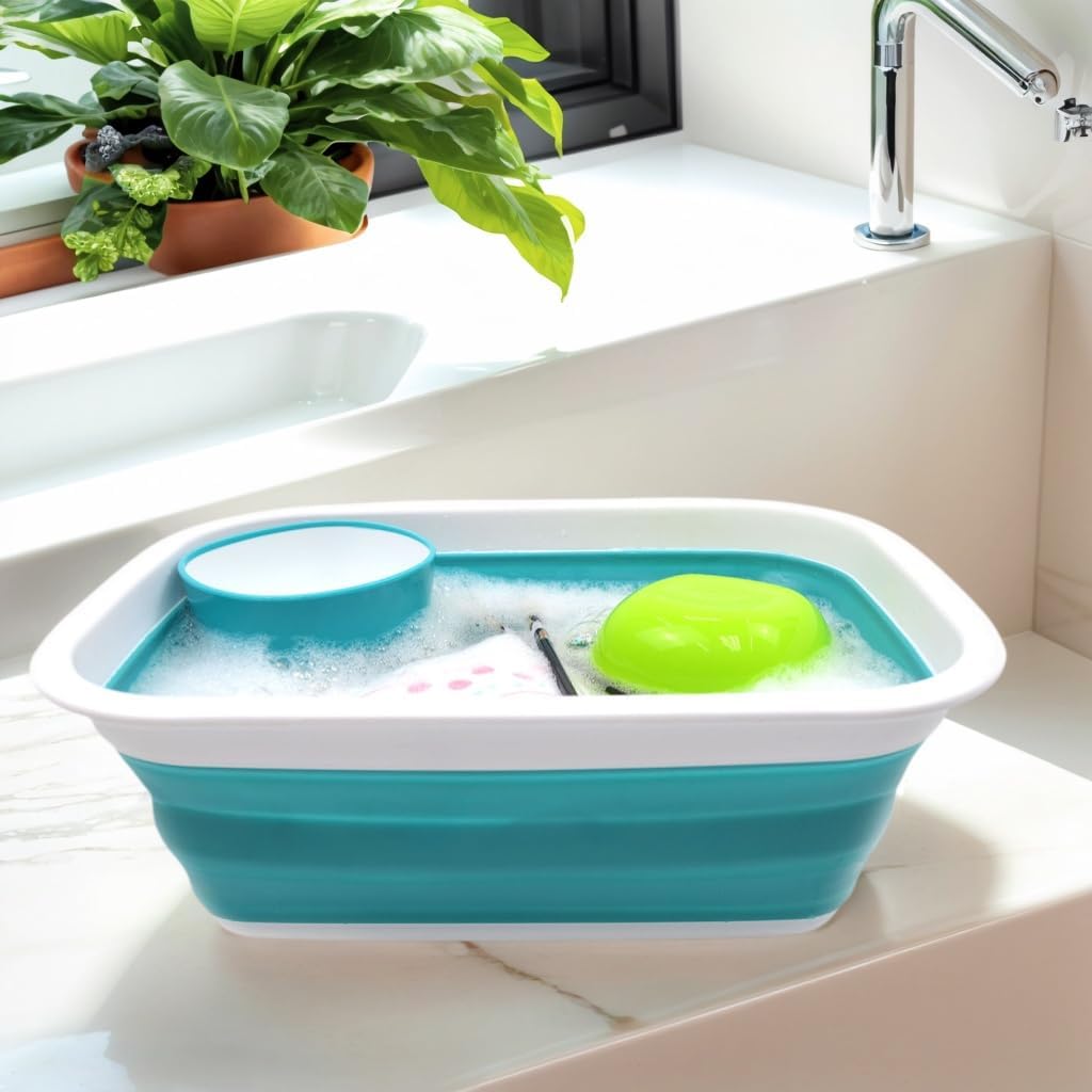 SAMMART 9.2L (2.37Gallon) Collapsible Wash Basin - Foldable Outdoor Picnic Basket - Portable Plastic Tub - Space Saving Storage Container with Size : 15.3 x 11.2 x 5.5/1.5" (M, Gray)