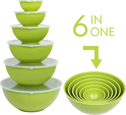 BoxedHome BPA Free Plastic Round Mixing Bowl with Lids, 12 Pack Nesting Bowls with Lids Set, Microwave and Dishwasher Safe Prep & Serving Bowls Great for Mixing, Baking, Serving (Pink, 12pcs)
