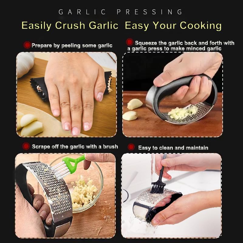 Garlic Press Rocker,New Stainless Steel Garlic Mincer Garlic Crusher Set,3-in-1 Garlic Crusher,Peeler with Cleaning Brush,Easy Squeeze Rocker Design for Smashing Garlic Kitchen Gadget