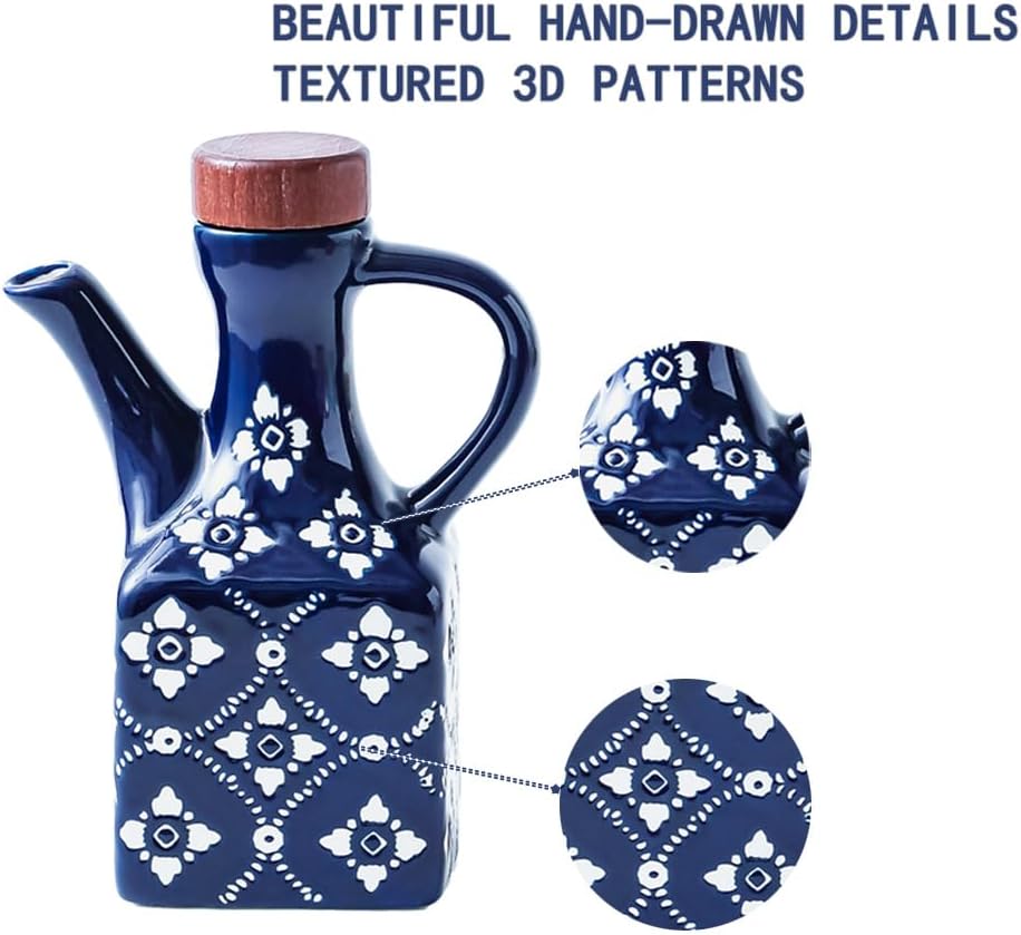 Ceramic Olive Oil Dispenser Bottle, 8.5 oz Decanter for Kitchen with Handle & Wooden Stopper, Green Decorative Oil and Vinegar Dispenser Set, Cooking Oil Container Cruet for Olive, Avocado, Vinegar