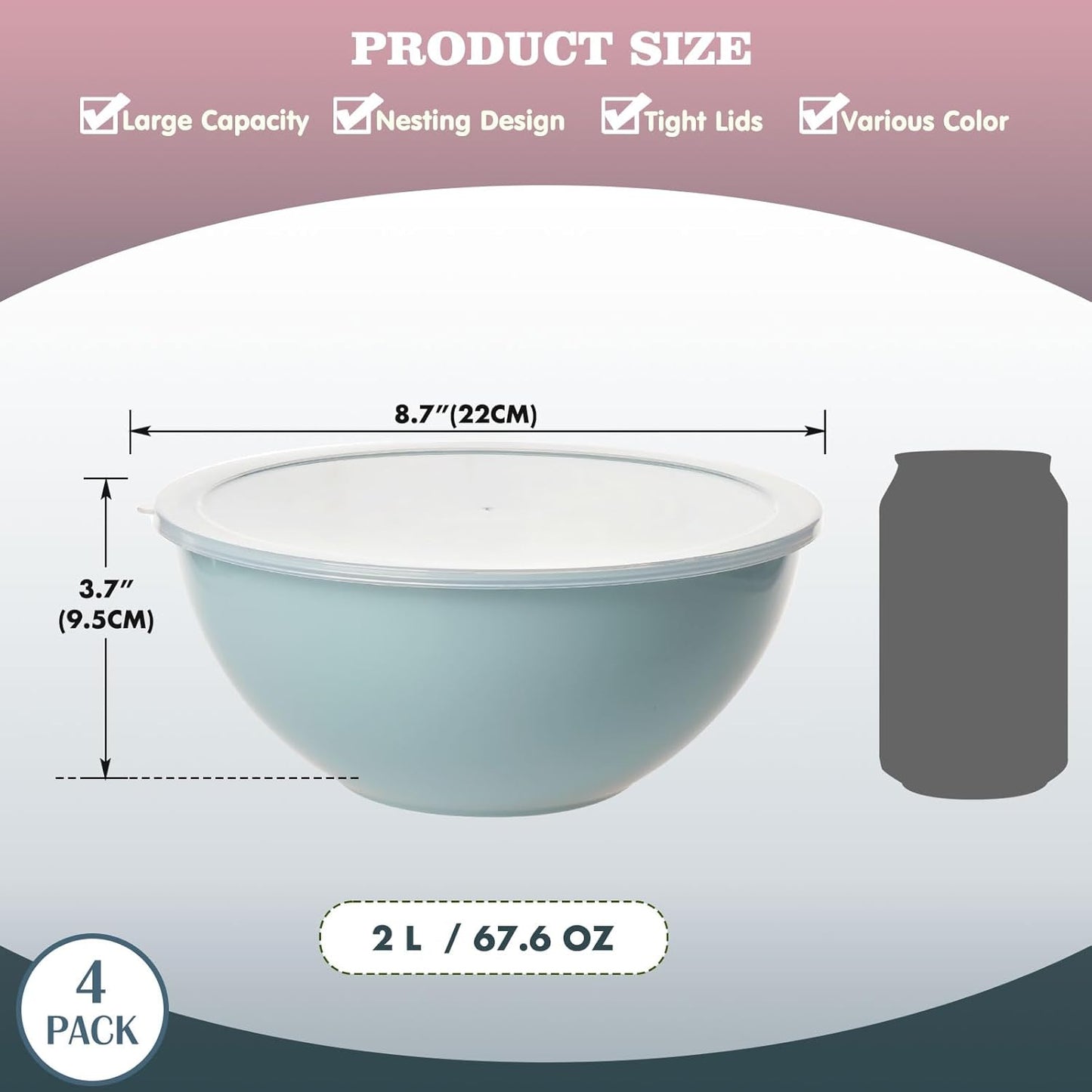 Greentainer 4-Piece Plastic Mixing Bowl Set with Lids for Kitchen, 67oz Lightweight Storage Bowls, Large Salad Bowls for Baking, Prepping, Cooking and Serving Food, Dishwasher & Microwave Safe