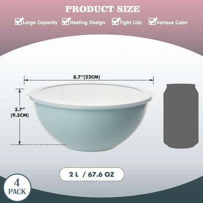Greentainer 4-Piece Plastic Mixing Bowl Set with Lids for Kitchen, 67oz Lightweight Storage Bowls, Large Salad Bowls for Baking, Prepping, Cooking and Serving Food, Dishwasher & Microwave Safe