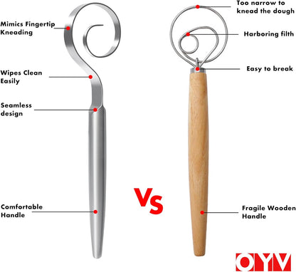 OYV Seamless Dough Whisk, 18/10 Stainless Steel Danish Dough Wisk, 9" Bread Whisk for Sourdough, Cookies, Pizza, Pastry, Dishwasher Safe Dough Hook