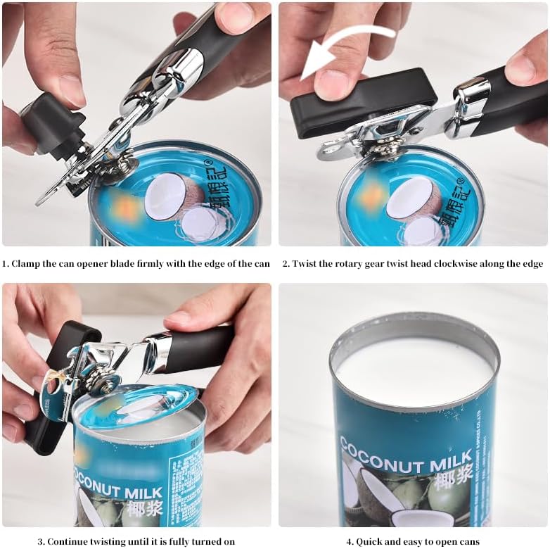Can Opener Manual,Stainless Steel Smooth Edge Can Opener with Big Effort-Saving Knob, Soft Touch Handle, Built in Bottle Opener,Includes Complimentary Jar Opener