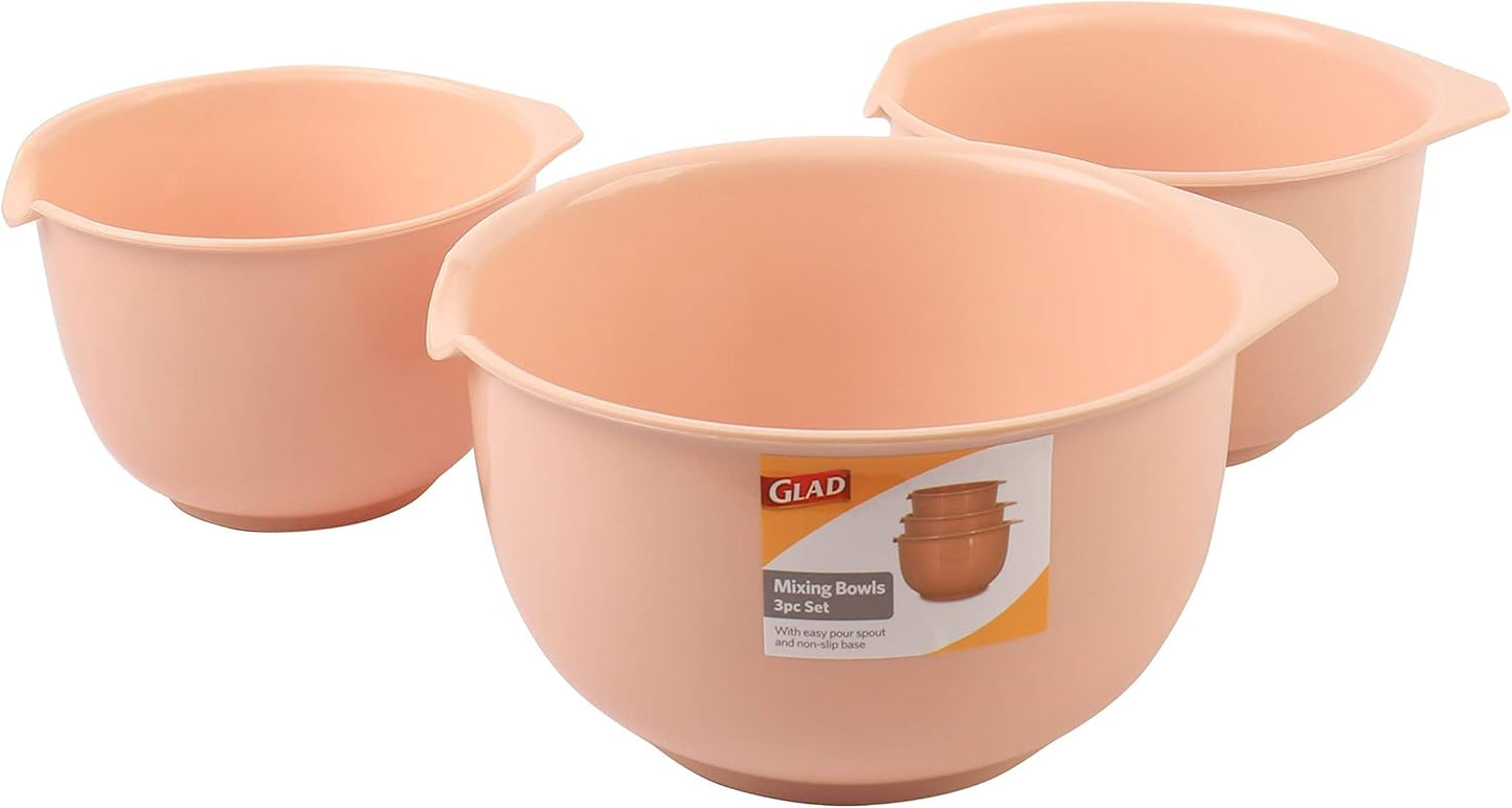 Glad Mixing Bowls with Pour Spout, Set of 4 - Nesting Plastic Bowls (1.2qt, 1.9qt, 2.8qt, and 3qt with Handle) - Non Slip Base, Dishwasher Safe Kitchen Cooking and Baking Supplies, Grey