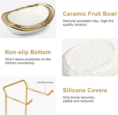 Fruit Bowl for Kitchen Counter, 3 Tier Ceramic Fruit Basket with Metal Stand, Tiered Fruit Stand for Countertop, Modern Multi Serving Bowl for Party Dessert, Vegetable, Snack