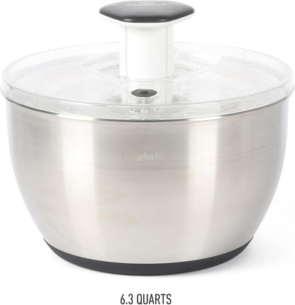 Calphalon Aero 6.3-Qt Stainless Steel Salad Spinner, Fruit & Vegetable Washer Bowl with Strainer Basket for Washing Lettuce, Spinach, Herbs & Fresh Produce