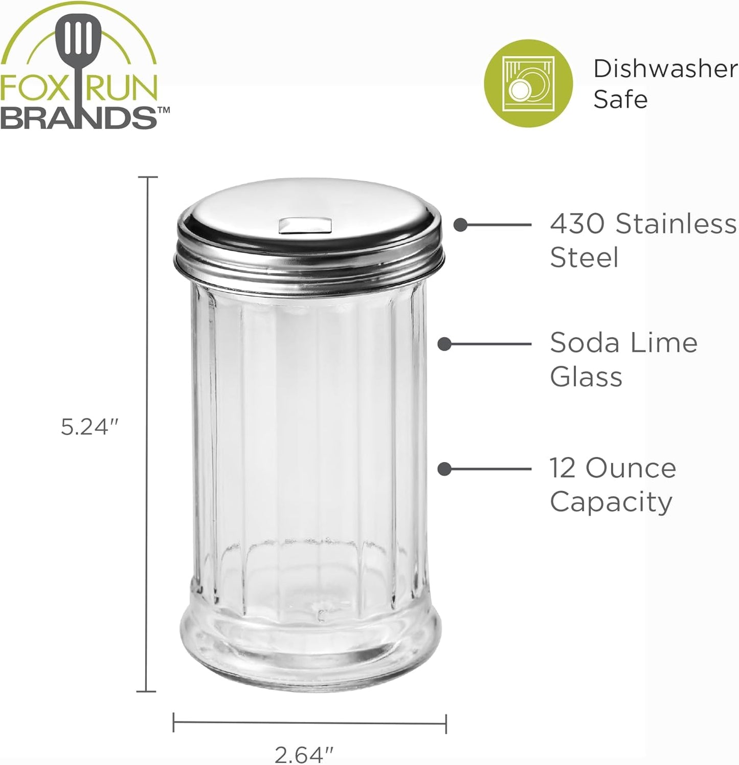 Fox Run 5167 Glass Spice Jar with Stainless Steel Shaker Lid, 6 Ounce, Clear Container for Seasonings, 1 Count (Pack of 1)