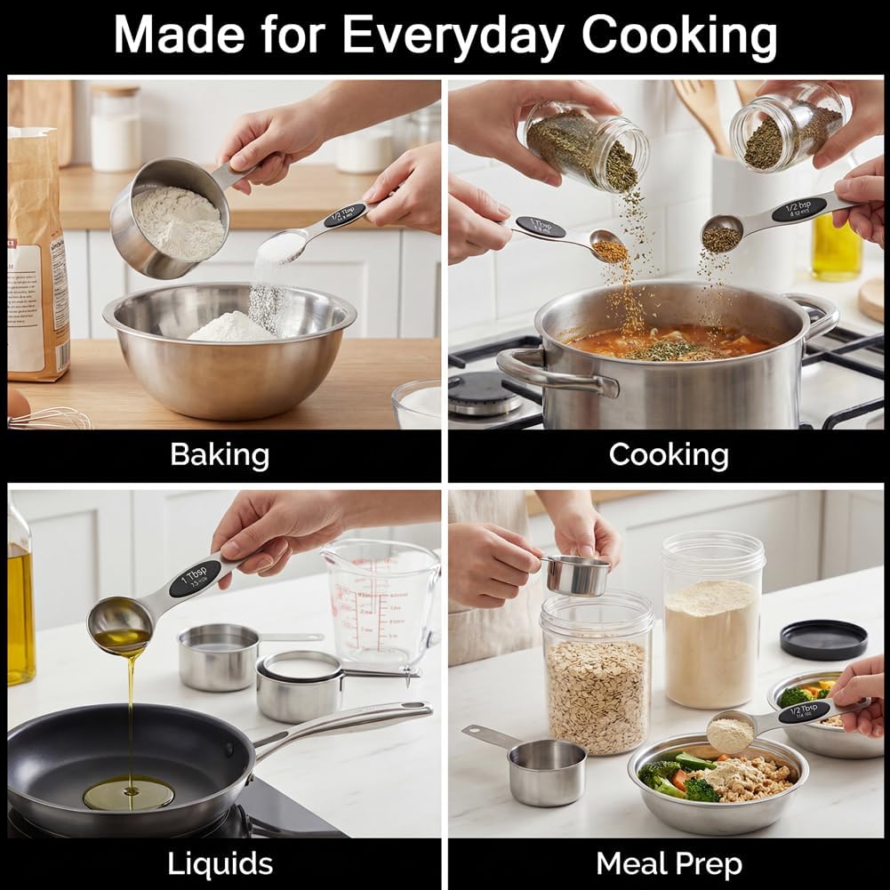 Magnetic Measuring Cups and Spoons Set, 17PCS Stainless Steel Dual-Sided Spoons with Built-in Leveler for Dry & Liquid Ingredients, Magnetic Nesting Design for Baking & Cooking(COLOR:silver)