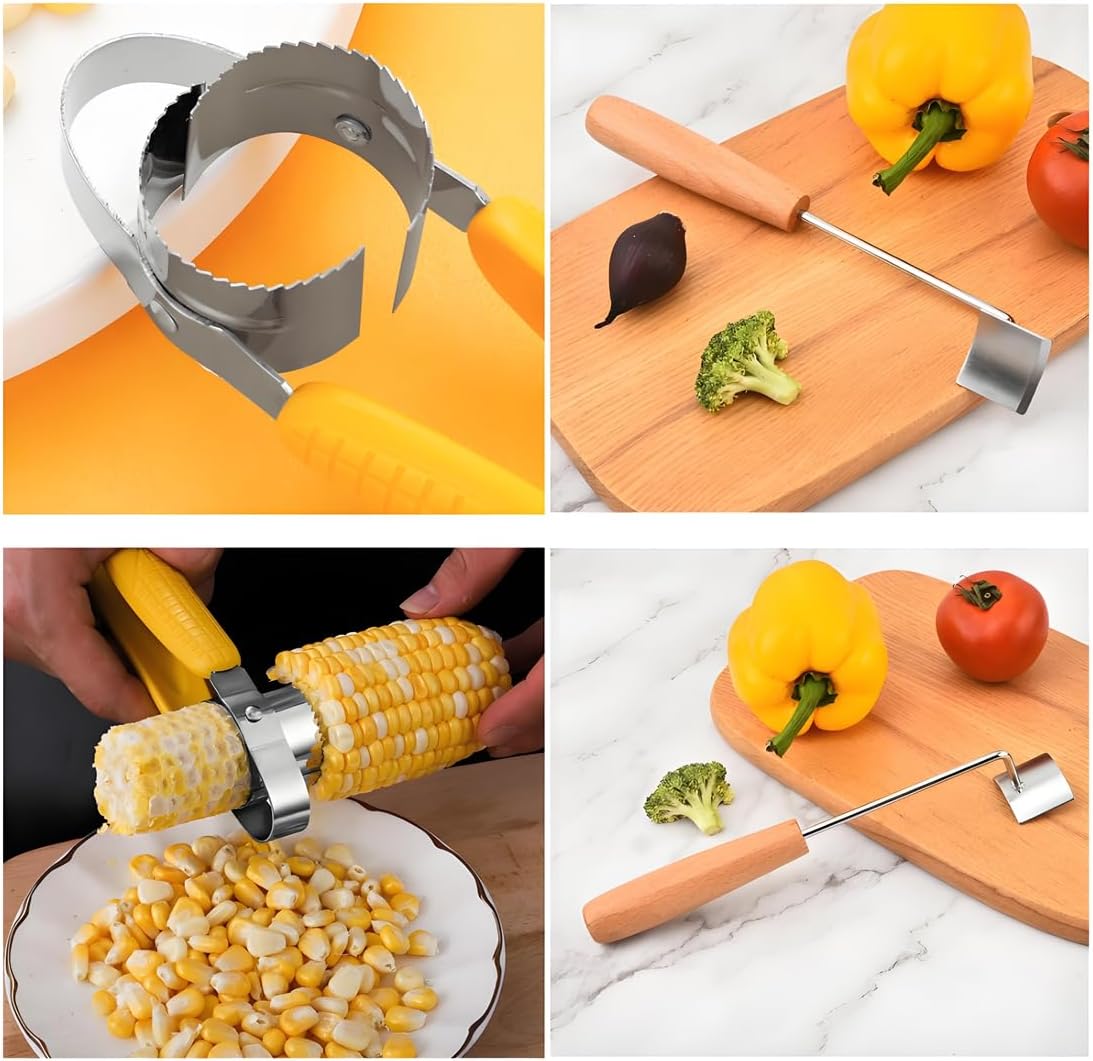Corn Kernel Remover Combo Set - Stainless Steel Corn Stripper Pliers & Wooden Handle Scraper | Quick Effortless Corn Peeler Tools for Kitchen, BBQ, Canning | Dishwasher Safe & Ergonomic Design