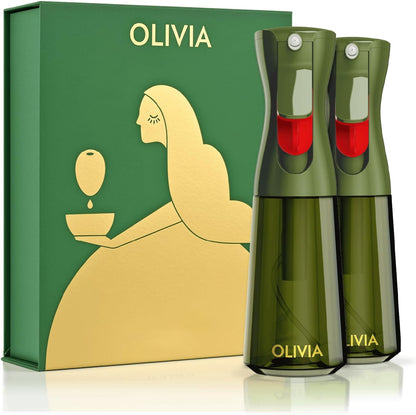 OLIVIA SIGNATURE Advanced Kitchen Oil Sprayer with Flairosol Technology, Fine Mist & Portion Control, Refillable Glass Olive Oil Cooking Spray Bottle for Air Fryer, Salad, BBQ, 2 Pack 200ml (Green)
