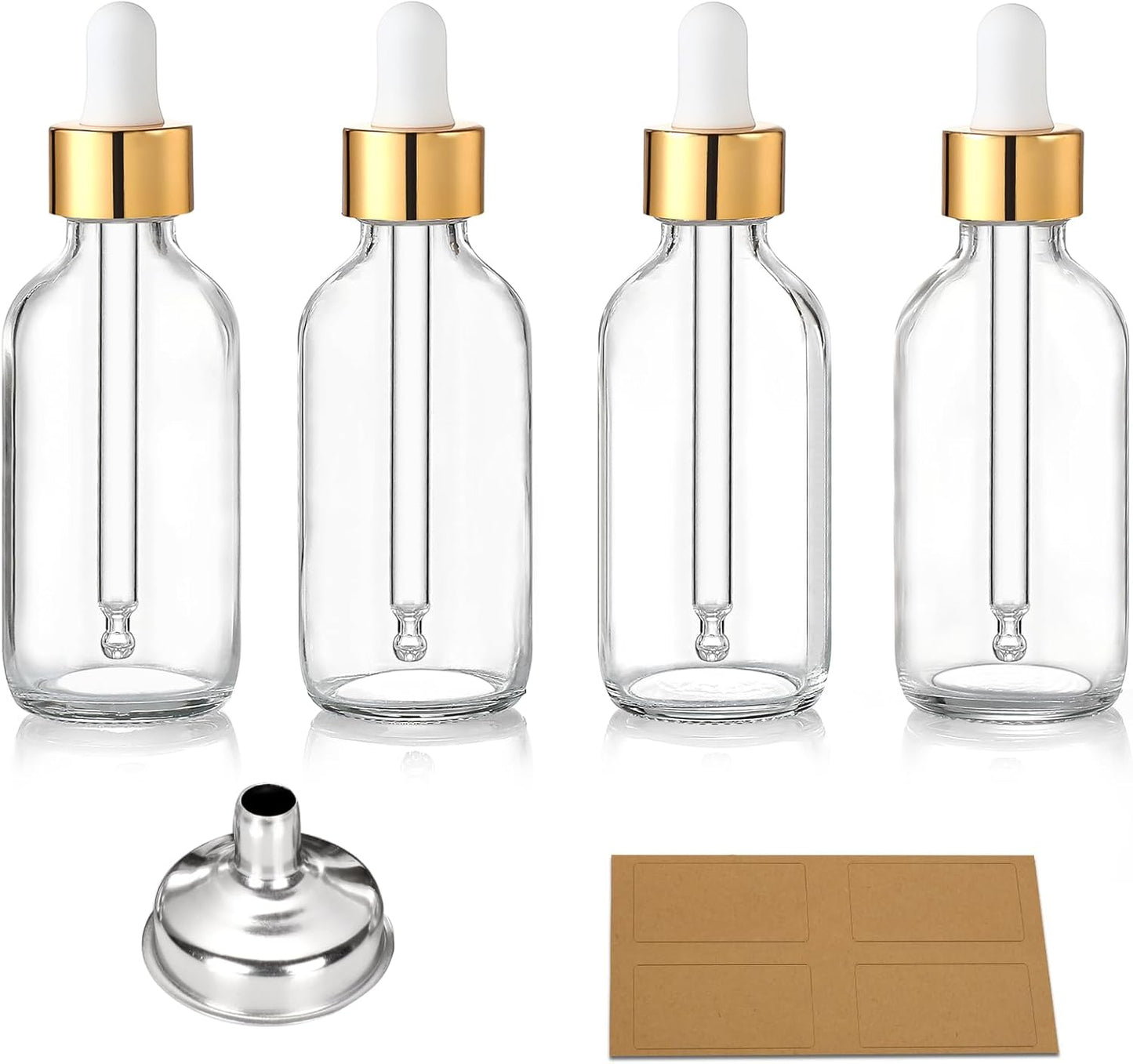 4 Pack, 2 oz Bottles with Dropper & 1 Funnel & 4 Labels - Essential Oils Bottles for Health, Personal Care & Beauty - 60ml Thick Dark Amber Glass Tincture Bottles, Refillable Cosmetic Containers