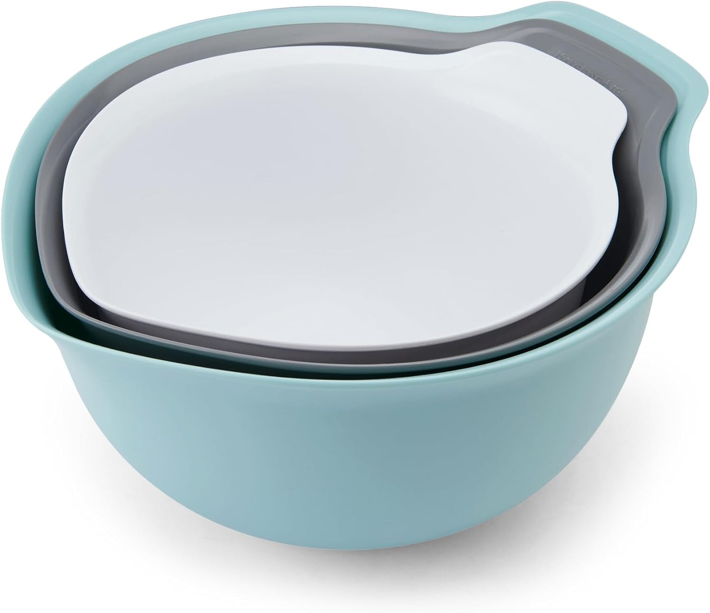 KitchenAid Universal Nesting Plastic Mixing Bowls, Set Of 3, 2.5 quart, 3.5 quart, 4.5 quart, Non Slip Base with Easy Pour Spout to Reduce Mess, Dishwasher Safe, Aqua Sky, White, Gray