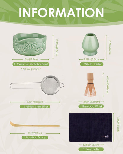 Matcha Whisk Set, Ceramic Matcha Set Includes Bowl with Spout, Whisk and Holder, Bamboo Scoop, Sifter and Tea Towel - 6 Pcs Matcha Kit Gift for Matcha Lovers (White)