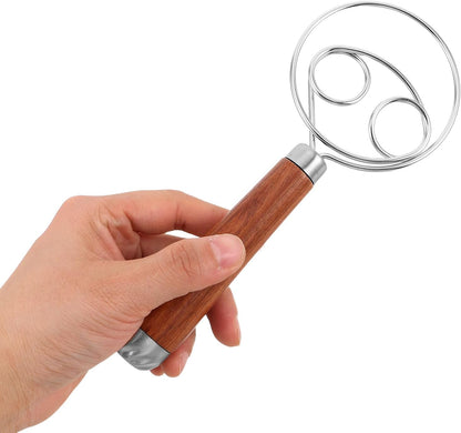 PRETYZOOM Danish Dough Whisk Stainless Steel Bread Mixing Tool with Wooden Handle for Sourdough Baking and Kitchen Cooking