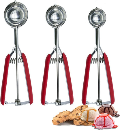 Cookie Scoop,Ice Cream Scoop,3PCS Stainless Steel 1/2/3Tablespoon ice cream scooper,Red Rubber Grips Design,Durable and Effortless,for Ice Cream,Melon Baller and Baking(20#M/30#L/40#L)
