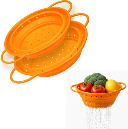2 Pack Strainers and Colanders, Silicone Collapsible Sink Collander, Strainers and Colanders for Kitchen, Large Drainer for Vegetable, Food, Pasta (Orange)