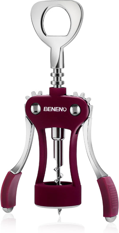Beneno Wine Opener, Zinc Alloy Premium Wing Corkscrew with Multifunctional Bottles Opener, Sharp Wine Corkscrew with Ergonomic Non-Slip Wing Handle, Silver