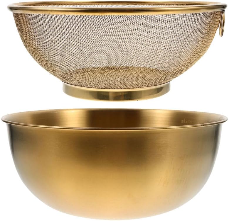 Amosfun Stainless Steel Colander Rice Strainer With Mixing Bowl - Rice Filter Basket Washing Bowl Space-saving Design Easy to Use