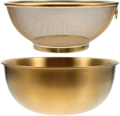 Amosfun Stainless Steel Colander Rice Strainer With Mixing Bowl - Rice Filter Basket Washing Bowl Space-saving Design Easy to Use