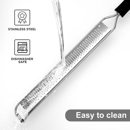 Cleaning Brush Included/Premium Stainless Steel Kitchen Grater - Sharp Handheld Zester for Cheese, Lemon, Garlic & Chocolate.