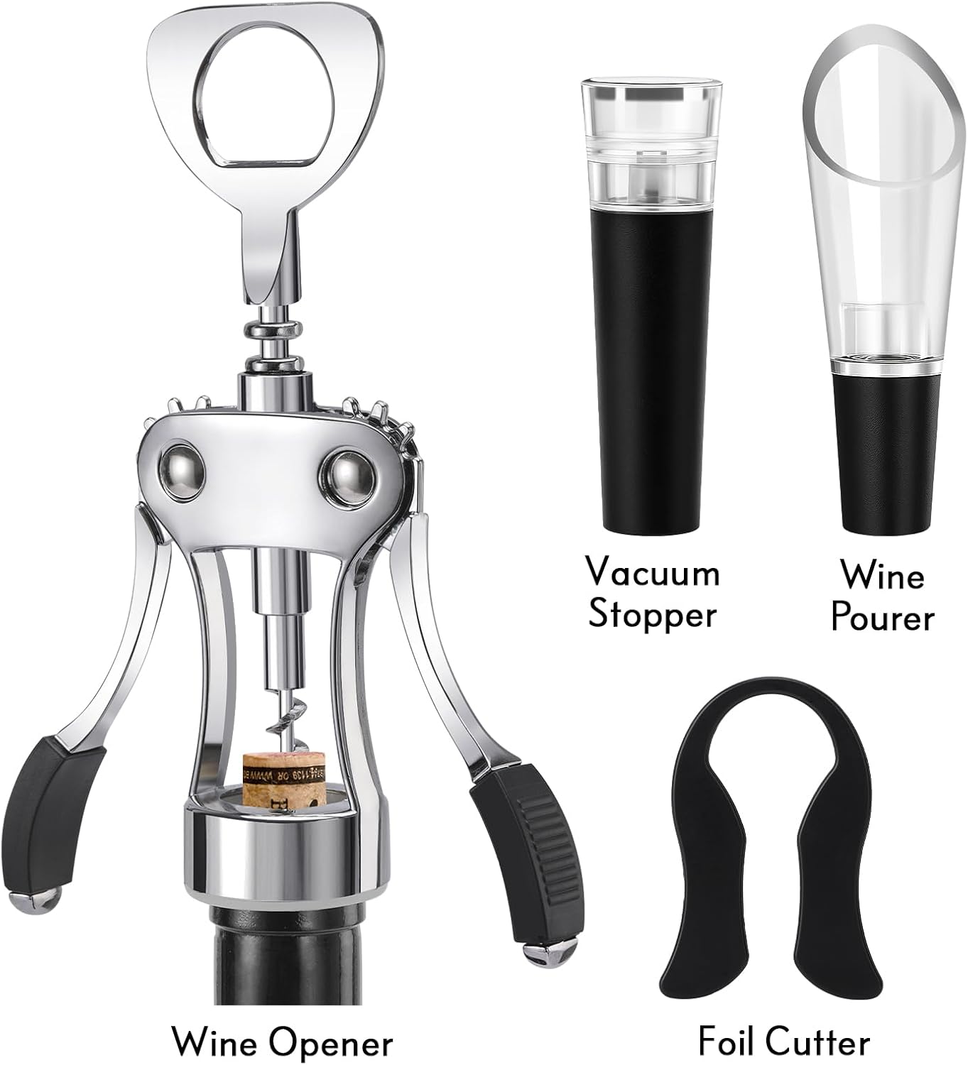 KORCCI Wine Opener, Heavy-Duty Zinc Alloy Wing Corkscrew, Premium Beer Bottle Opener, Multifunctional Wine Accessories with Ergonomic Handle and Sharp Screw, for Kitchen, Bar, Restaurant (SILVER)
