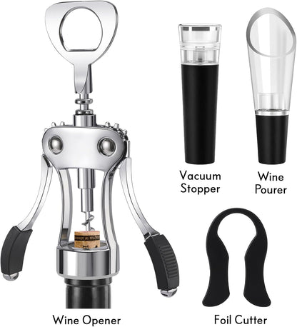 KORCCI Wine Opener, Heavy-Duty Zinc Alloy Wing Corkscrew, Premium Beer Bottle Opener, Multifunctional Wine Accessories with Ergonomic Handle and Sharp Screw, for Kitchen, Bar, Restaurant (SILVER)