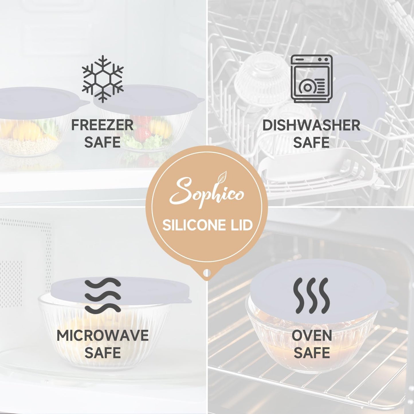 SOPHICO Silicone Replacement Lids for Pyrex Sculpted Glass & Tinted Glass Bowls Mixing Bowls（4 size）