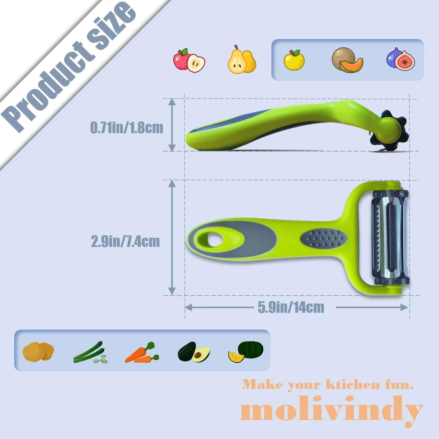 Julienne Peeler, Potato Vegetable Peeler for Kitchen, I and Y Potato Peelers for Apple Fruit Carrot Zucchini Cucumber Veggie, 3 in 1 Blade Spin Design With Julienne Peeler, Anti-Slip Handle