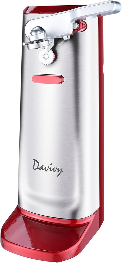 Davivy Electric Can Opener, Removable Stainless Steel Cutter and 3-in-1 Design with Sharpener and Bottle Opener (Red-Stainless Steel)