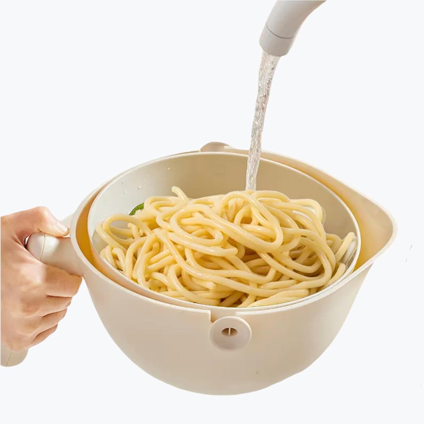 2-1 Kitchen Colander Rotating Washing Basket with Handle - Pasta Strainer - Fruit Washing Bowl with Strainer - Fruit Rinser Container (Avocado Green)