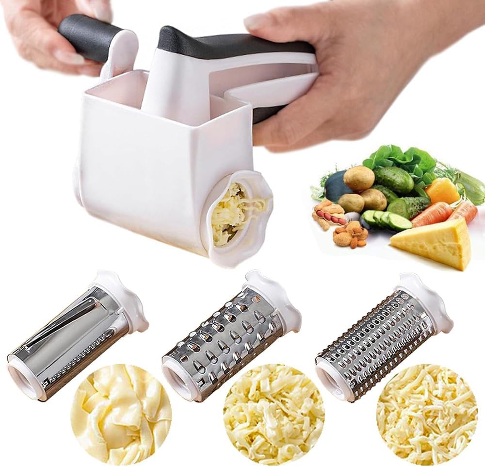Classic Rotary Cheese Grater with Handle, 3-in-1 Handheld Cheese Grater with 3 Stainless Steel Graters Barrels, Multifunctional Grater for Cheese Garlic Parmesan Ginger Vegetable Carrot Potato, White