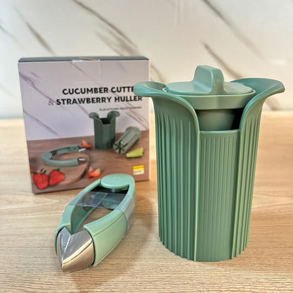 Efficient Cucumber Cutting & Strawberry Seed Removing Set: Kitchen Gadget, Easily Handle Fruit/Vegetable Strip - cutting and Seed - removing with One Button, Enjoy Convenient Cooking, Green