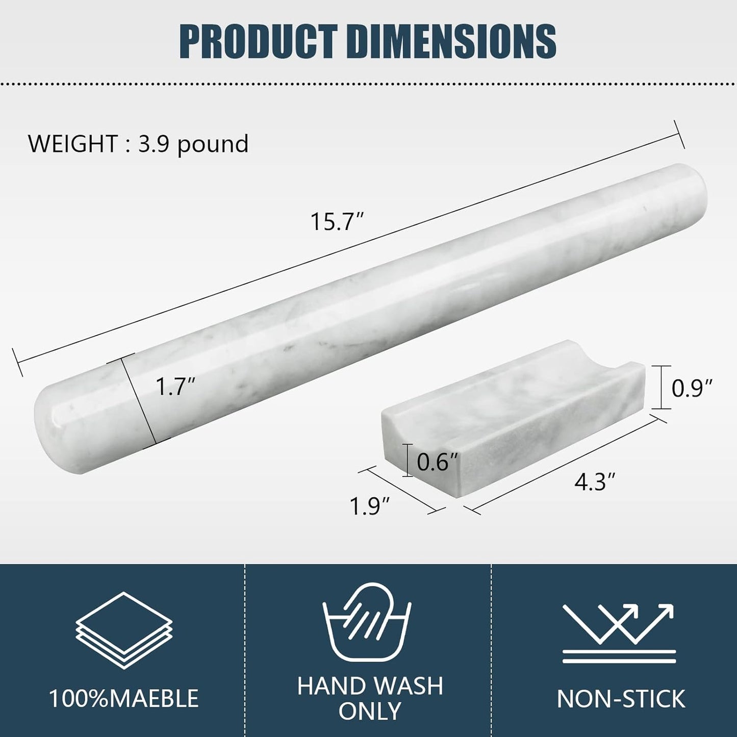 Marble Rolling Pin with Stand, 15.7" Black Stone French Heavy Polished Non Stick Cookie Pizza Pastry Dough Baker Roller for Kitchen Baking