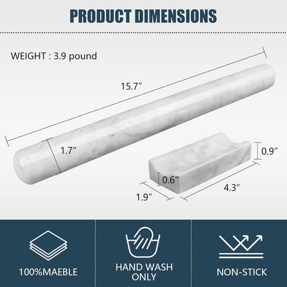 Marble Rolling Pin with Stand, 15.7" Black Stone French Heavy Polished Non Stick Cookie Pizza Pastry Dough Baker Roller for Kitchen Baking