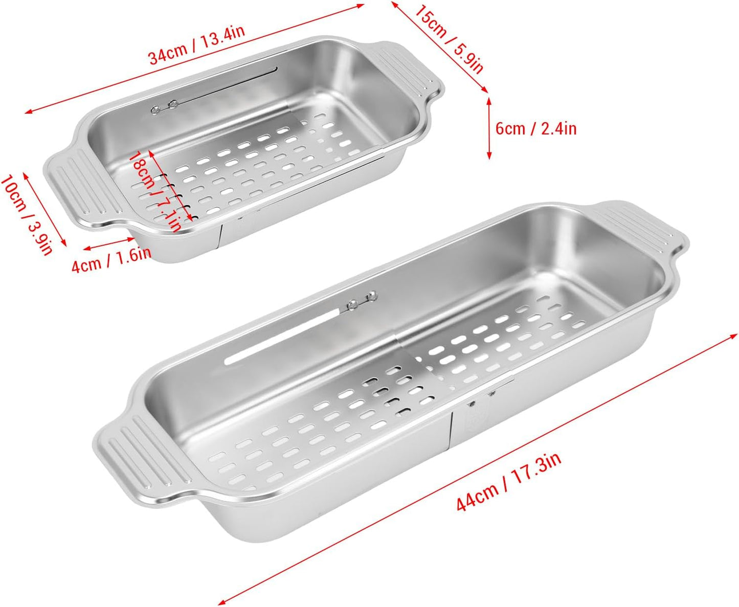 AYNEFY Extendable Over The Sink Basket Expandable Stainless Steel Colander 304 Food Grade Strainer for Washing Vegetables Fruits Pasta Dishes with Rubber Grip Handles (S)