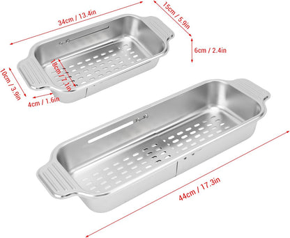 AYNEFY Extendable Over The Sink Basket Expandable Stainless Steel Colander 304 Food Grade Strainer for Washing Vegetables Fruits Pasta Dishes with Rubber Grip Handles (S)
