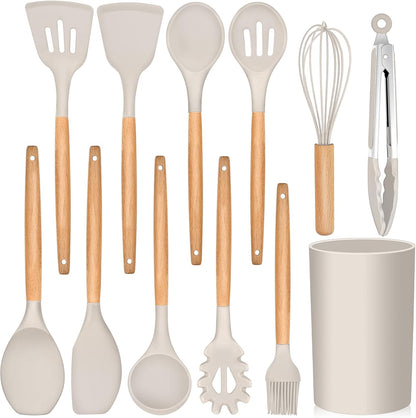 E-far Cooking Utensils Set of 6, Silicone Kitchen Utensils with Wooden Handle, Non-stick Cookware Friendly & Heat Resistant, Includes Spatula/Ladle/Slotted Turner/Serving Spoon/Spaghetti Server(Khaki)