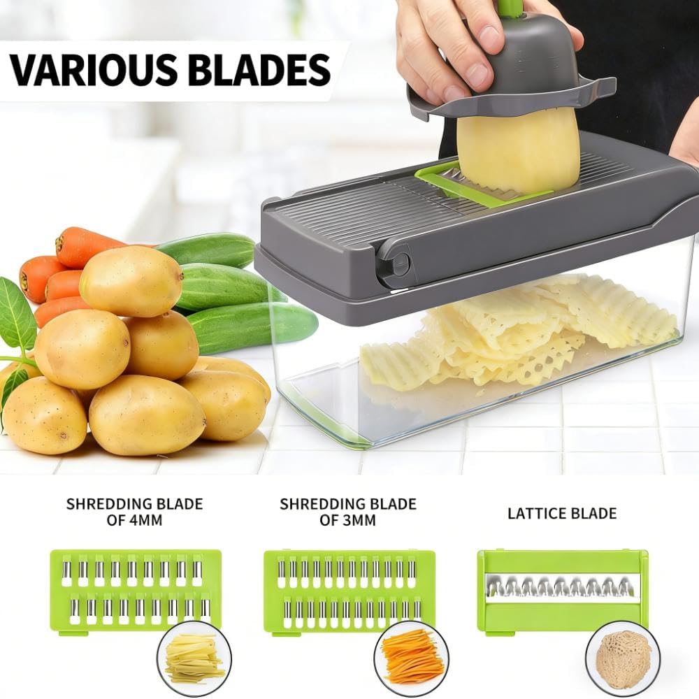 Vegetable Chopper,Multifunctional 8 Blades Food Choppers Onion Chopper Vegetable Slicer Cutter Dicer Veggie chopper,Colander Basket,Container for Salad Potato Carrot Garlic (Green)